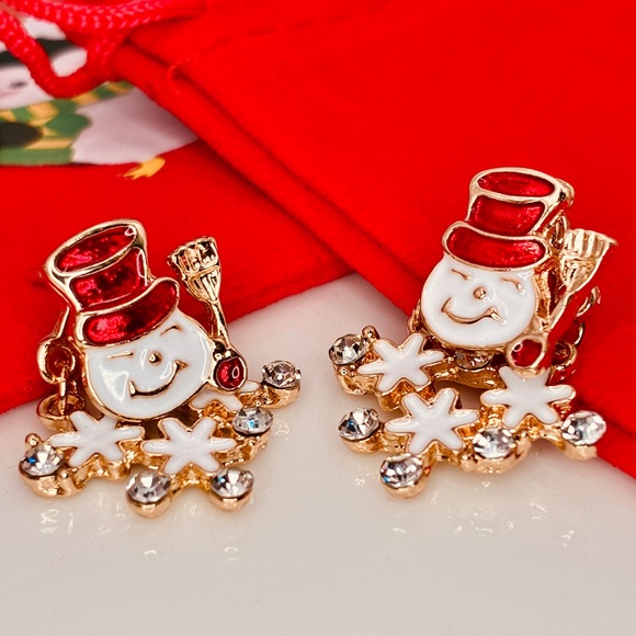 🎄DEAL Festive Snowman CZ Enameled Red-White Gold Jacket Style Christmas Earrings - Picture 1 of 8